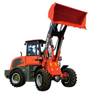 Încărcător frontal articulat de culoare roșu-portocalie, model Everun ER25, cu cupă ridicată și cabină închisă cu geamuri panoramice. Echipat cu roți mari pentru teren accidentat și sistem hidraulic robust pentru manipularea materialelor grele.