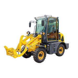 Încărcător frontal articulat DeWerk 08 ZL, cu cabină închisă și braț hidraulic pentru atașamente, pe fundal alb