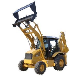 Buldoexcavator EVERUN ERB 388 cu cupa frontală ridicată la înălțime maximă, ilustrând capacitatea de ridicare și articulația frontală.