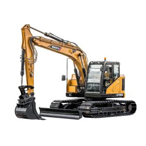 Excavator SANY SY155U, prezentat pe fundal alb, cu cupa și lama frontală coborâte, evidențiind configurația pe șenile și designul compact.