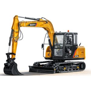 Excavator compact SANY SY75C prezentat pe fundal alb, cu cabină complet închisă, șenile din cauciuc și braț articulat cu cupă de săpătură