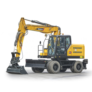 Excavator pe roți SANY cu braț articulat și cupă cu sistem de prindere rotativă verde, fotografiat pe fundal alb în poziție de prezentare.