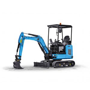 Mini excavator electric SANY SY19E, vizualizat din lateral pe fundal alb, evidențiind șenilele, cabina deschisă și brațul articulat cu cupă.