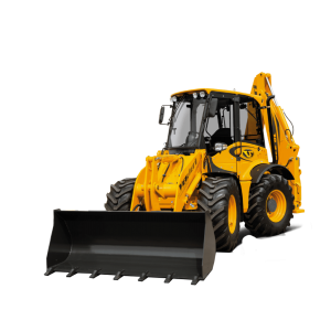 Buldoexcavator Venieri VF 10.23E, prezentat pe fundal alb, cu cupa frontală lată în poziție coborâtă, cabină spațioasă închisă și caroserie galbenă robustă.