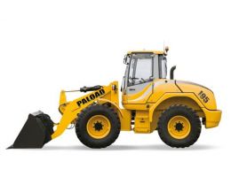Încărcător frontal articulat de culoare galbenă, model PALAZZANI 195, cu cabină închisă, cupă frontală de mari dimensiuni și anvelope industriale robuste, proiectat pentru lucrări grele în construcții și manipularea materialelor