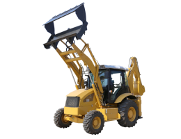 Buldoexcavator EVERUN ERB 388 cu cupa frontală ridicată la înălțime maximă, ilustrând capacitatea de ridicare și articulația frontală.