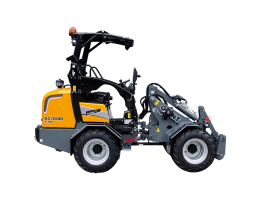 Mini încărcător M60 cu design turcoaz, dotat cu roți mari și cupă pentru manipularea materialelor. Acesta este destinat lucrărilor de mică amploare, precum construcțiile sau curățările de terenuri.