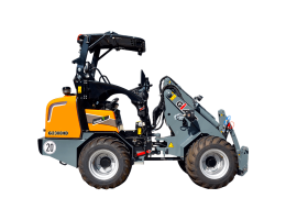 Mini încărcător M60 cu design turcoaz, dotat cu roți mari și cupă pentru manipularea materialelor. Acesta este destinat lucrărilor de mică amploare, precum construcțiile sau curățările de terenuri.