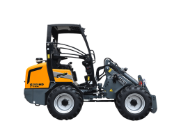 Mini încărcător M60 cu design turcoaz, dotat cu roți mari și cupă pentru manipularea materialelor. Acesta este destinat lucrărilor de mică amploare, precum construcțiile sau curățările de terenuri.