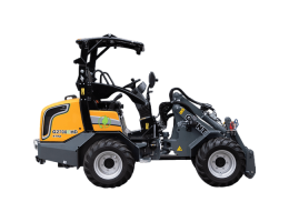 Mini încărcător M60 cu design turcoaz, dotat cu roți mari și cupă pentru manipularea materialelor. Acesta este destinat lucrărilor de mică amploare, precum construcțiile sau curățările de terenuri.
