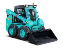 Mini încărcător M60 cu design turcoaz, dotat cu roți mari și cupă pentru manipularea materialelor. Acesta este destinat lucrărilor de mică amploare, precum construcțiile sau curățările de terenuri.