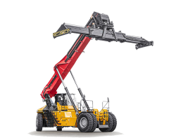 Stivuitor SANY 4535G5 echipat cu braț telescopic complet extins, ridicând un container pe un teren industrial