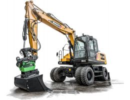 Excavator pe roți SANY cu braț articulat și cupă cu sistem de prindere rotativă verde, fotografiat pe fundal alb în poziție de prezentare.