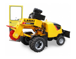 Mașină de frezat cioturi F 500H/27 marca Laski, cu roți mari și carcasă galbenă, pe fundal alb