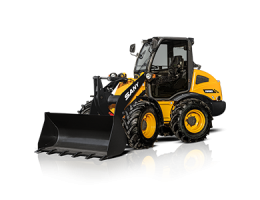 Încărcător compact pe roți Sany SW085 cu cupă mare, utilizat pe un șantier pentru manipularea materialelor. Vizibilitatea vehiculului este clară, oferind o imagine din față a echipamentului.