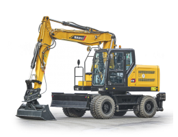 Excavator pe roți SANY cu braț articulat și cupă cu sistem de prindere rotativă verde, fotografiat pe fundal alb în poziție de prezentare.