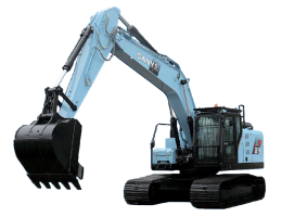 Excavator electric SANY SY215E pe șenile, prezentat pe fundal alb, cu cupă mare frontală, design în nuanță albastru deschis cu accente negre.