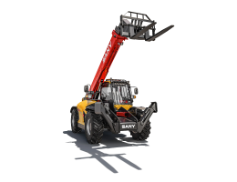 Telehandler Sany cu braț telescopic complet extins și atașament pentru paleți, pregătit să ridice și să transporte încărcături grele