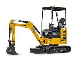 Mini excavator SANY SY18U cu cabină complet închisă, șenile de cauciuc și cupă de săpătură, prezentat pe fundal alb
