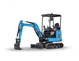 Mini excavator electric SANY SY19E, vizualizat din lateral pe fundal alb, evidențiind șenilele, cabina deschisă și brațul articulat cu cupă.